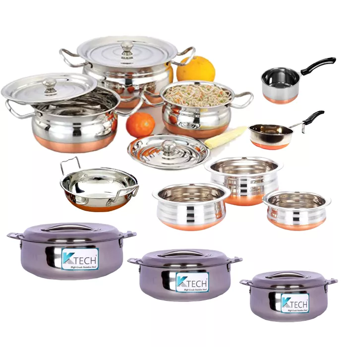 Ktech NY Combo - 5 (12 Pieces Stainless Steel Set +Stainless Steel 3 Pieces Carnival Casseroles Set)